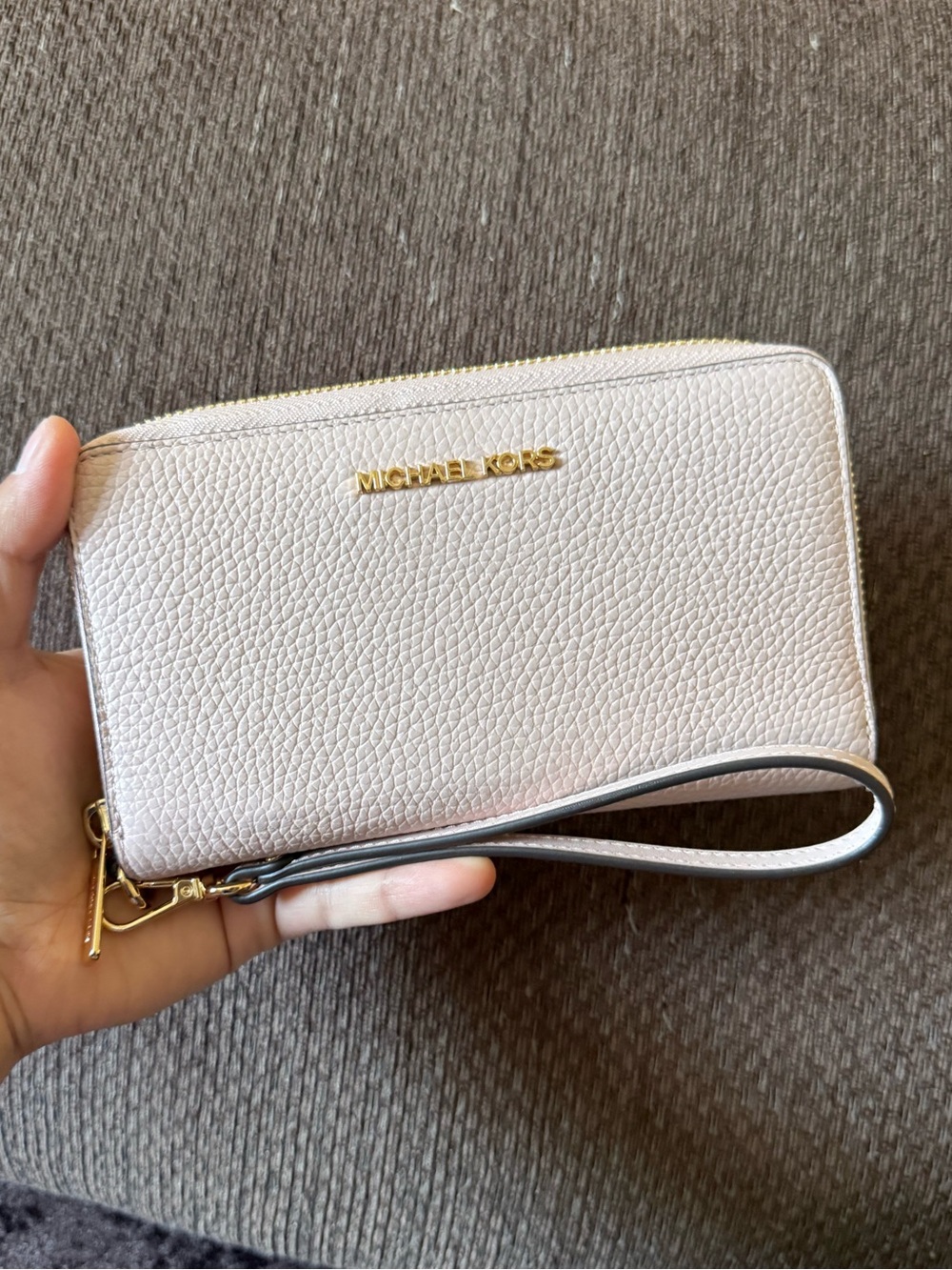 Michael Kors Blush Pebbled Leather Zip Around Gold-Tone Hardware Wristlet Wallet